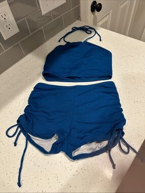 Blue Ribbed Halter Swim Top & Drawstring Swim Shorts